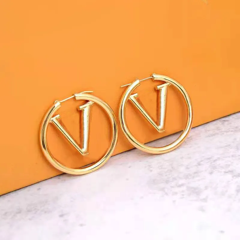 pingfashion Womens Stud Earring 925 zilver goud oranje doos Grote ronde Gouden V letter Hoepel Oorbellen voor Vrouw Schroef Terug Hoop Huggi240n