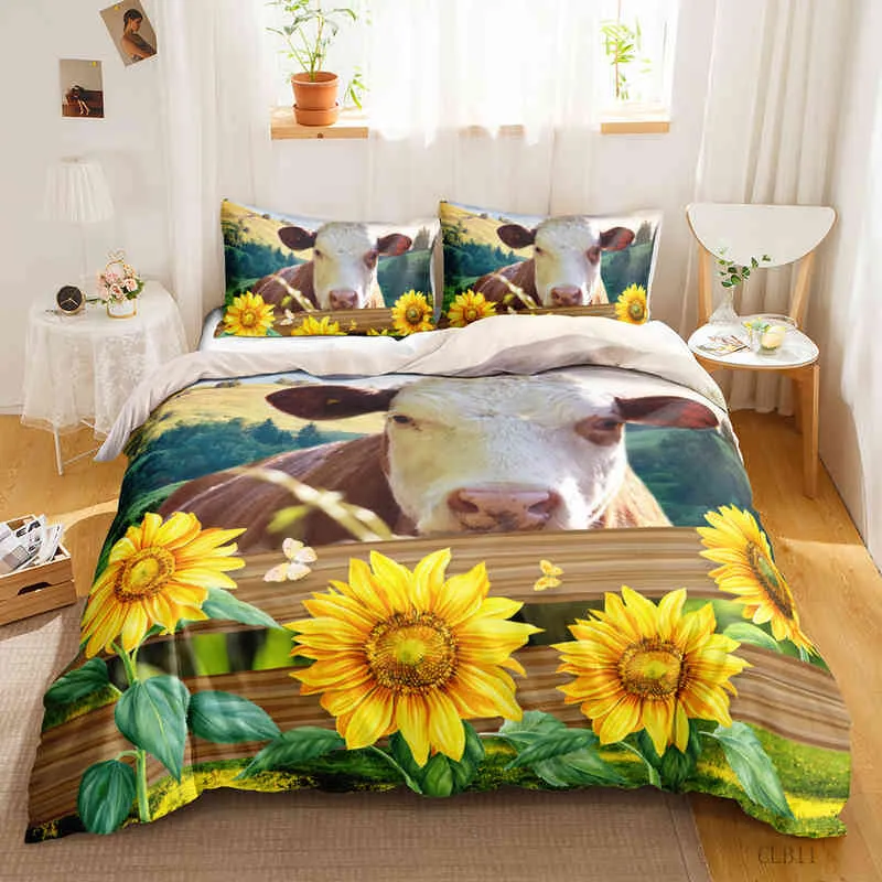 Cute Cow Print Duvet Cover Queen Size Kawaii Highland Bedding Set King Comforter Cartoon Farm Animals196L