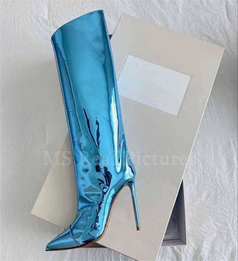 Mirror Boots Sexy Runway Stilettos مدببة إصبع القدم نساء عالي الحلوى ألوان الكعب أحذية سستة طويلة بوتاس Mujer 2022 220729