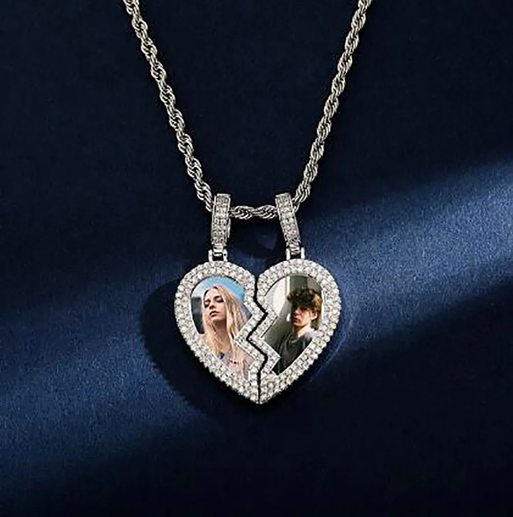 Maßgeschneiderte 1 Paar halbherziger Pendellanhänger Halskette für Männer Frauen Paar Valentine Geschenk Kubikzirkonia Charm Hip Hop Jewelry270d