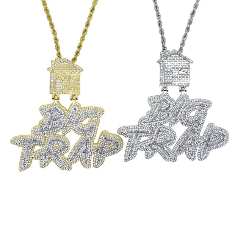 Chains Iced Out Bling 5A Cubic Zircon Full Paved Big Trap House Pendant Necklace Hip Hop Two Tone Color Plated Men Cool JewelryCha349R