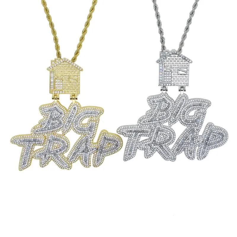 Correntes Iced Out Bling 5A Zircão Cúbico Completa Pavimentada Grande Armadilha Casa Pingente Colar Hip Hop Dois Tons Cor Banhado Homens Cool JewelryCha262F