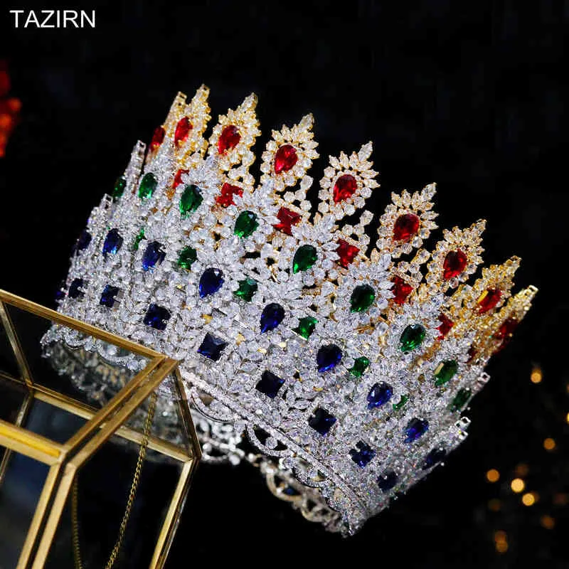 Luxus königliche Hochzeit runde Tiaras große CZ arabische Kronen für Frauen Zirkonia große Saudi-Arabien Gold Kopfschmuck Haarschmuck AA220323
