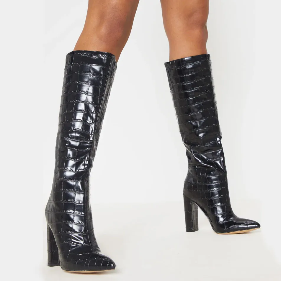New Fashion Stivali al ginocchio Donna Square Tacco alto spesso Slip On Scarpe da ballo Botas Tinta unita Scarpe da festa Calzature da donna Taglia 34-43