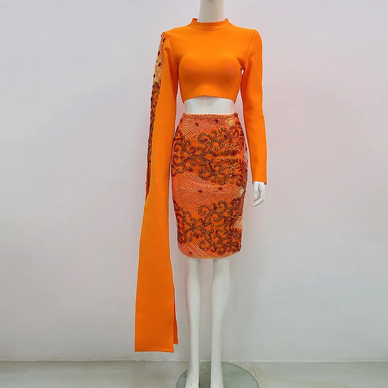 Ailigou Set da donna attillato sexy di design arancione in due pezzi di alta qualità elegante con paillettes di diamanti con perline lucide 220506