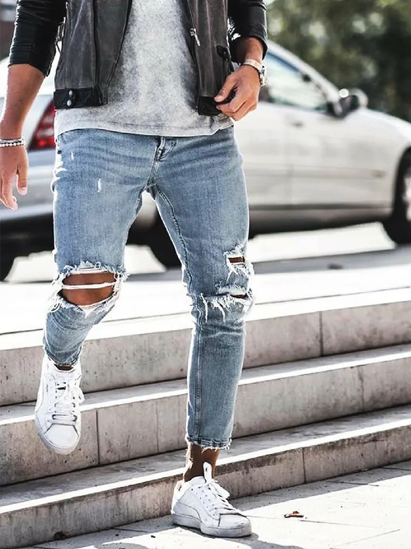 Уличная одежда колена разорванные джинсы скинни для мужчин Хип -хоп мода разрушенная отверстия.