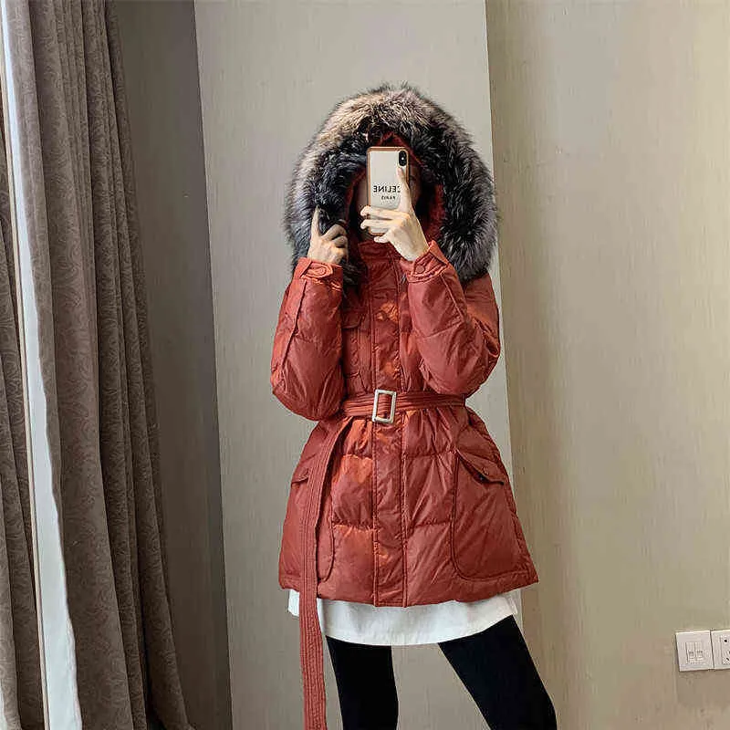 Qingwen Winter Jacket Large Fur Collar Down Jacket Female 2021 Korean Fashion Waist Slim White Duck Down Parka Jaqueta Feminina L220725