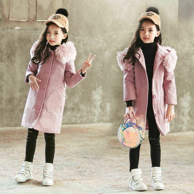 Girls Autumn And Winter Mid-Length Wool Hoodie Girl Solid Color Girls Large Fur Collar Thick Warm Jacket J220718