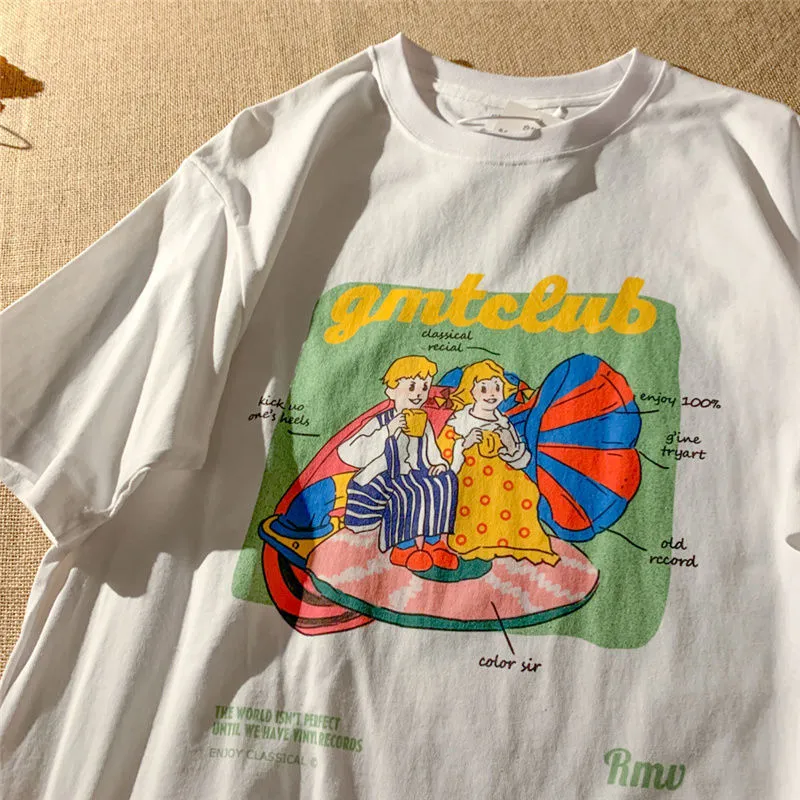 Camisetas de algodón con estampado de dibujos animados para mujer, ropa informal americana, camisetas cómodas con cuello redondo, Tops Harajuku para adolescentes y niñas 220511