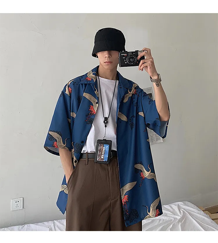 Mens Crane Print koszulka Harajuku Summer Vintage Button Up -Short Rękaw swobodny koszulki Męski Chińczyk