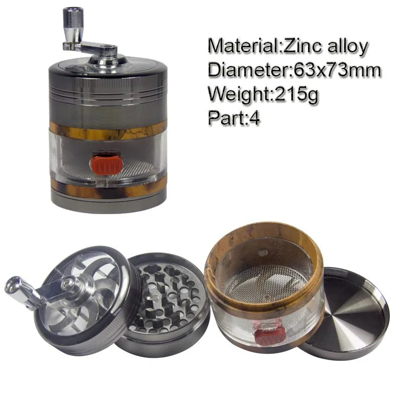 GZ33633114 zinc alloy hand crank 63mm drawer wood grain herb smoke tobacco Grinder accessories custom logo wjy954