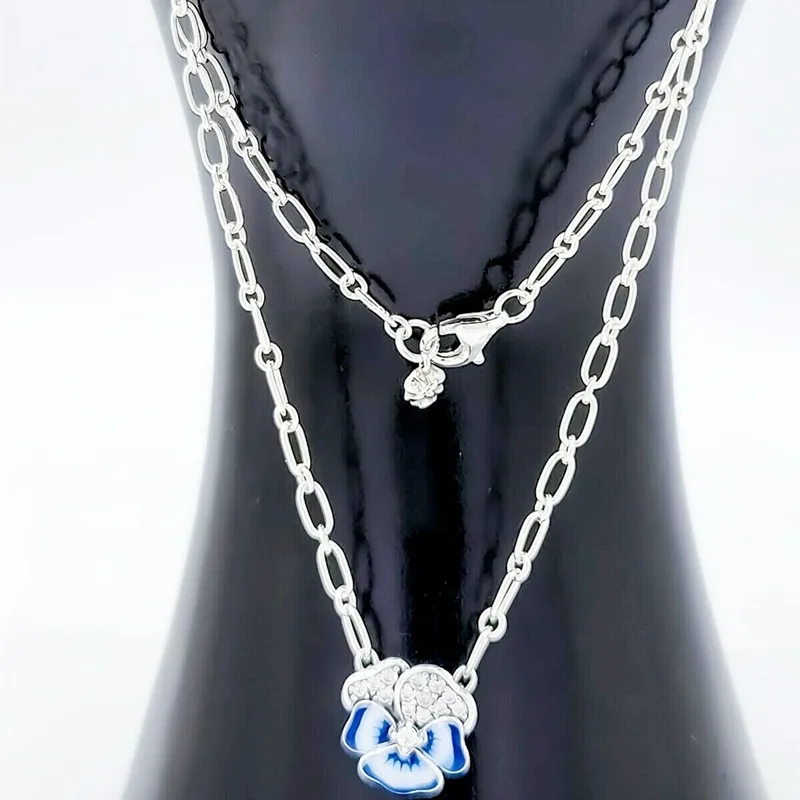 Collana con ciondolo fiore viola del pensiero blu Gioielli autentici Designer pandora Collana in argento sterling 925 donna ciondolo set regali di compleanno feste 390770C01