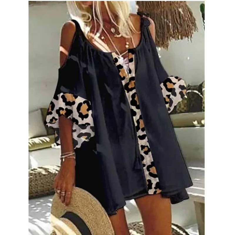 Summer Women's Leopard Print Tops Casual Loose Off-shoulder Large Size Top T-shirt Fashion Trend Solid Color Midi Sleeve 220414