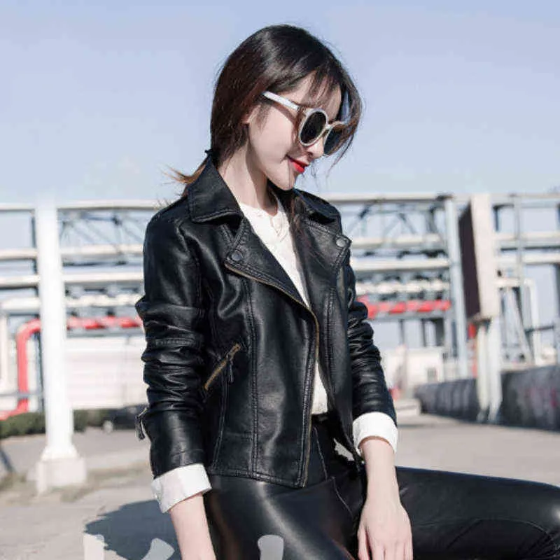 Fauxe Leather Motor Bucket Женщина короткое пальто с длинным рукавом осень зимние топы 2022 Slim Fit Koeran в стиле Black Pu Outwear L220801