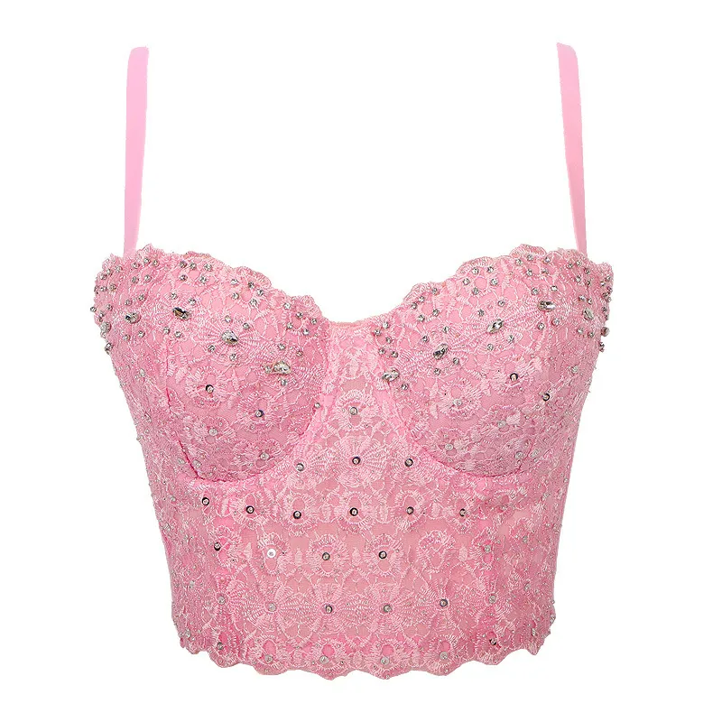 Atoshare Glitter Top com tiras de espartilho de renda Bustier Bra Women Summer Summer Pink Crop Top Party Club Clower 220519