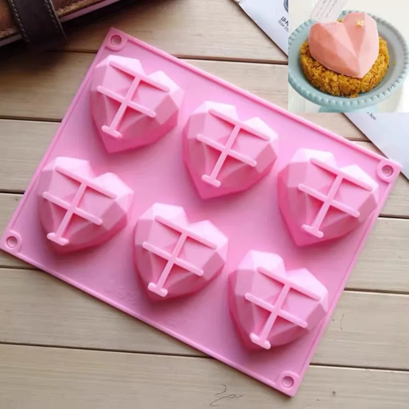 6 Cavity 3D Mousse Bakeware Soap Form Pastry Tools Cake Diamond Silicone Love Mould Decorating Heart 220815