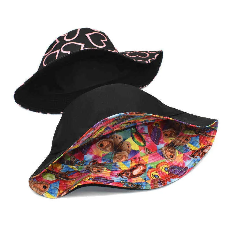 Stingy Brim Hats 2022 New Butterfly Printed Fisherman Hat Women's Double-sided Sun Visor Outdoor Basin Hat Korean Fashion 220606