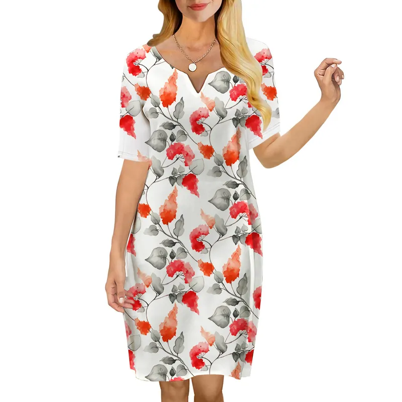 Frauen Kleid Lange Rebe 3D Gedruckt VAusschnitt Lose Beiläufige Kurzarm Etuikleid für Weibliche Kleider Prairie Chic Stil 220616