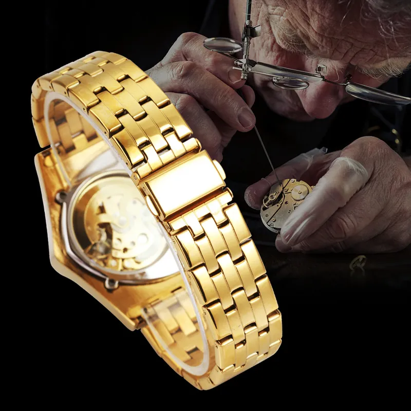 WINNER Triangle Skeleton Gold Black Watch for Men Automatic Mechanical Wristwatch Irregular Luxury Stainless Steel Strap relogio 220622