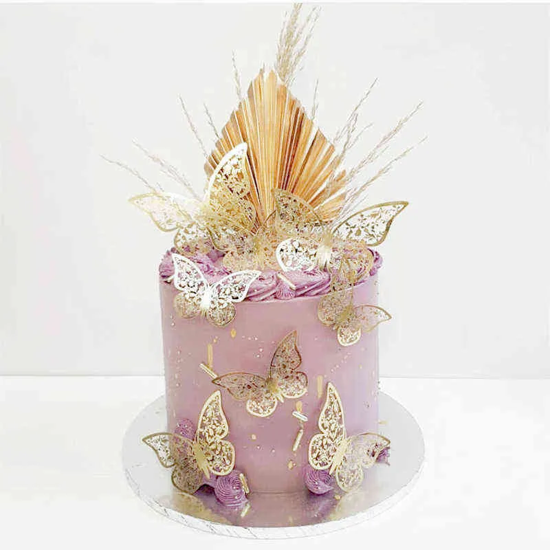 12 pezzi Gold Hollofly Cake Topper Simulazione farfalle Fare di matrimonio Decorazioni la festa di cottura Decorazione di decorazioni L220809