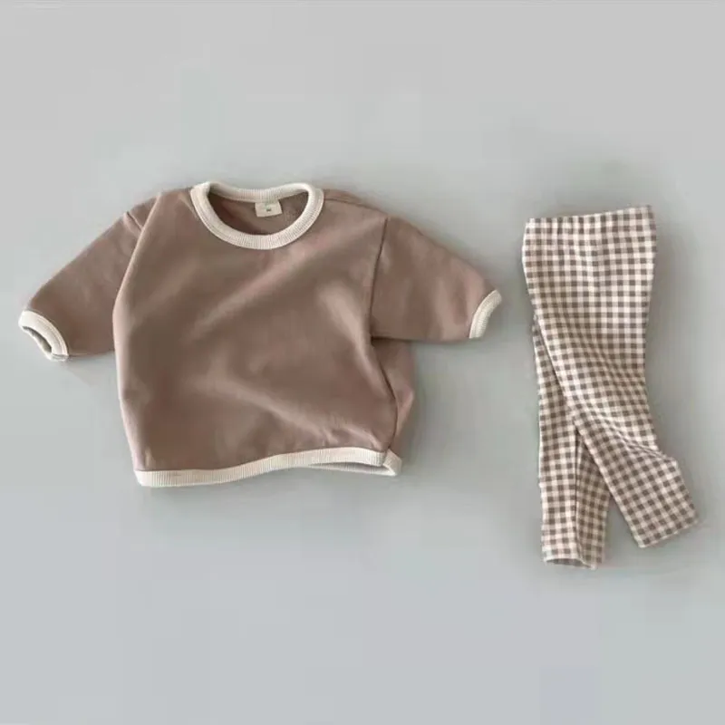 Baby Boys Solid Cute Casual Long Sleeve Top Cotton Infant Toddler Girls Plaid Fashion Pant Set Children Pajamas 220507