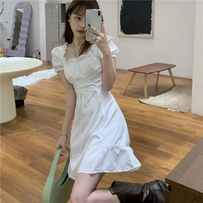 Elbiseler Kadınlar Kısa Kollu Kore tarzı Şık İhale Slim Ulzgang Vestido Feminino Beyaz Yaz Boş Boş Zaman İns Ins Trendy Classy 220521