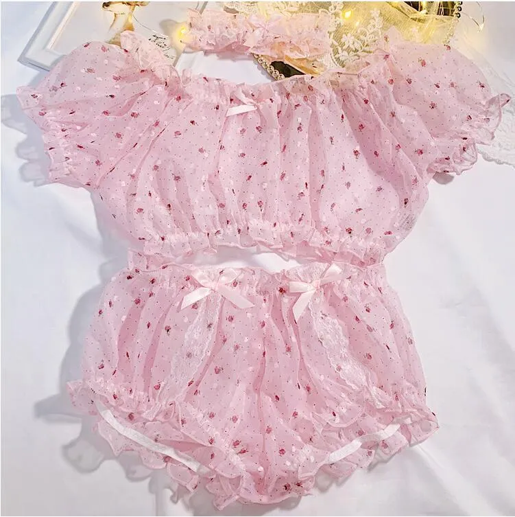 Kadınlar için Pembe Dikiş Pijamaları Seksi iç çamaşırı PJ Set Nightwear Shorts Shiffon Çiçek Uykusu Giyim Sevimli Lolita Ev Kıyafetleri 220516