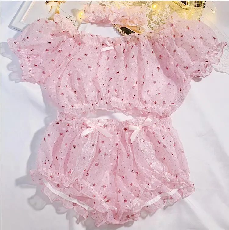 Pink Stitch Pajamas for Women Sexy Lingerie Sleepwear PJ Set Lightwear Shorts Shiffon Floral Sleep Wear Cute Lolita Home Complements 220516