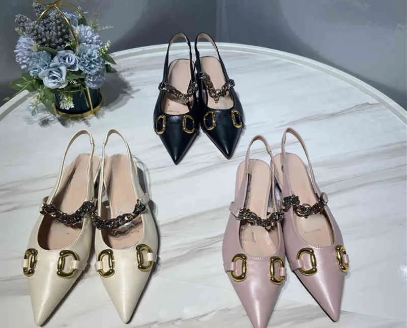 Baotou sandals fairy style flat bottom chain straight belt summer style Horse Street buckle pointed shoes