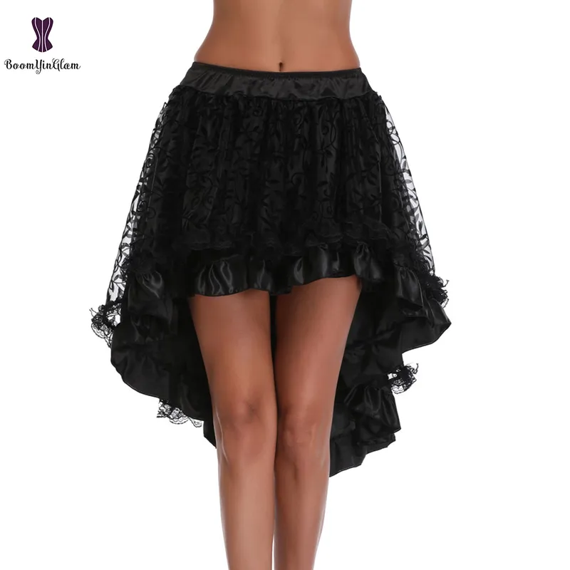 Plus Size Victorian Asymmetrical Ruffled Satin Lace Trim Gothic Skirts Women Corset Vintage Steampunk Skirt 937# 220701