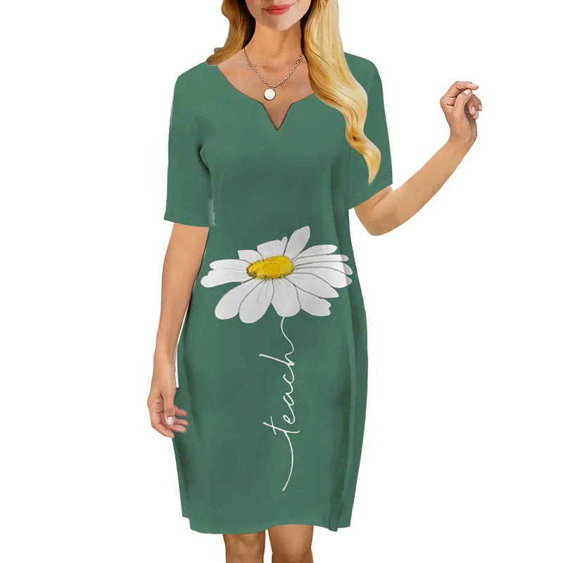 النساء اللباس الجميل ديزي 3D مطبوعًا Vneck Loose Dressy Short Sleeve Dress Fress for Frative Vresses Green Dress 220616