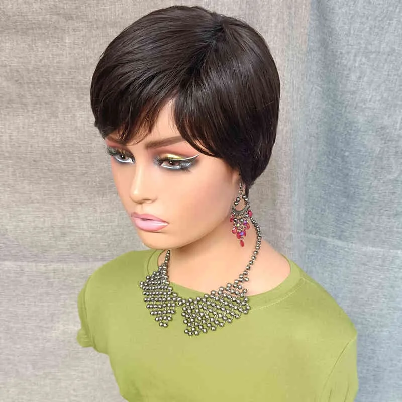 Korte Bob Human Hair Wig With Pony Pixie Cut For Black Women Nature Color Full Machine Made Braziliaans goedkoop S 220713