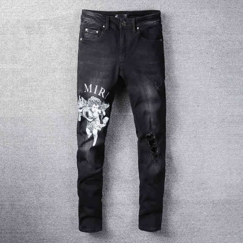 Designer-Herrenjeans Amirs Hosen Trend Amirs Street trendiges Engelsmuster schwarzes Loch elastische enge Jeans #817270Z