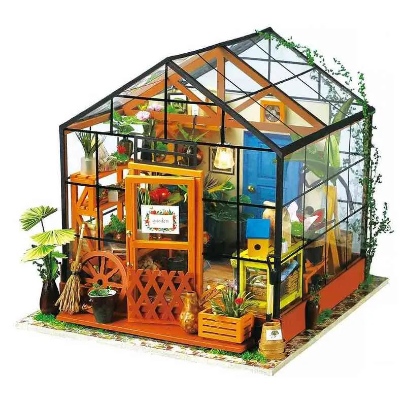 DIYの小さい人形の家のキャシーフラワーハウス木の人形の家教育組み立てモデルAA220325
