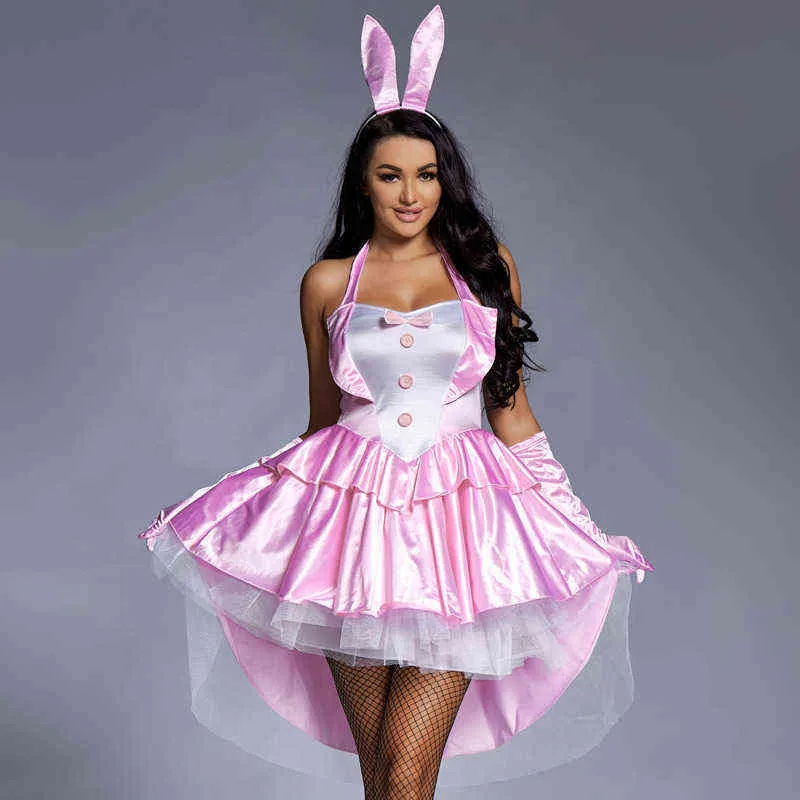 Halloween Kobiety Cosplay Come Pink and Black Sexy Bunny Girl Tuxedo Club Party Fancy Dress Plus Size L220609