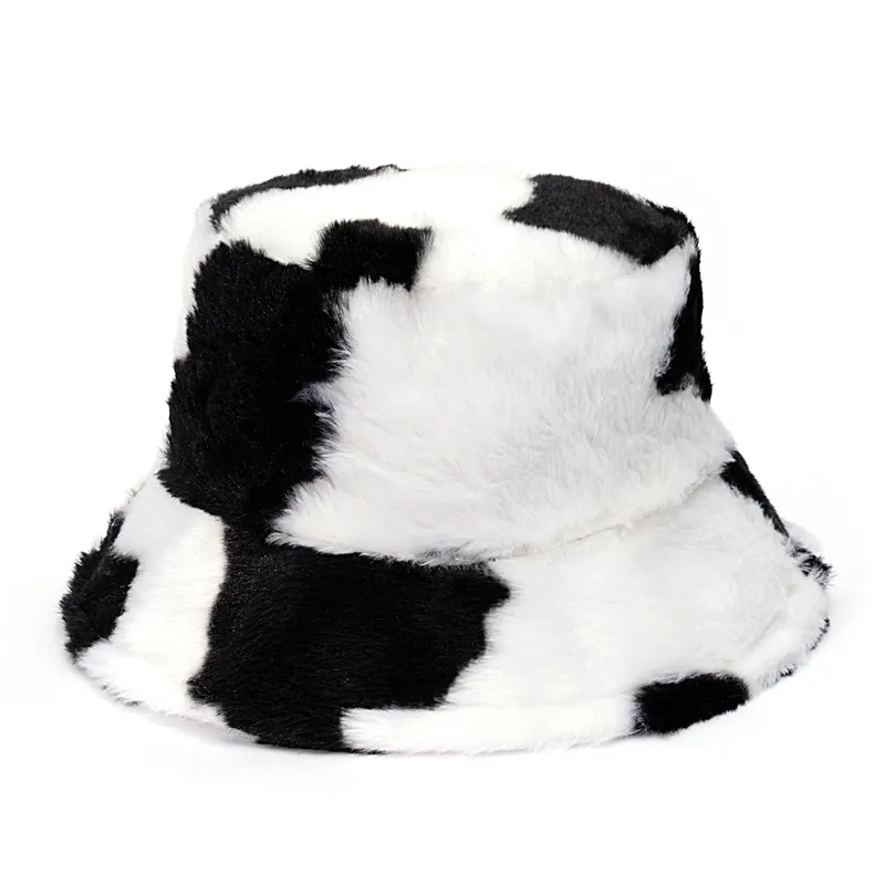 冬の牛のヒョウのフェイク毛皮ふわふわのバケツ帽子屋外暖かい太陽の帽子ソフトベルベットファーリーフィッシャーマンキャップガールファッションパナマ2205288A