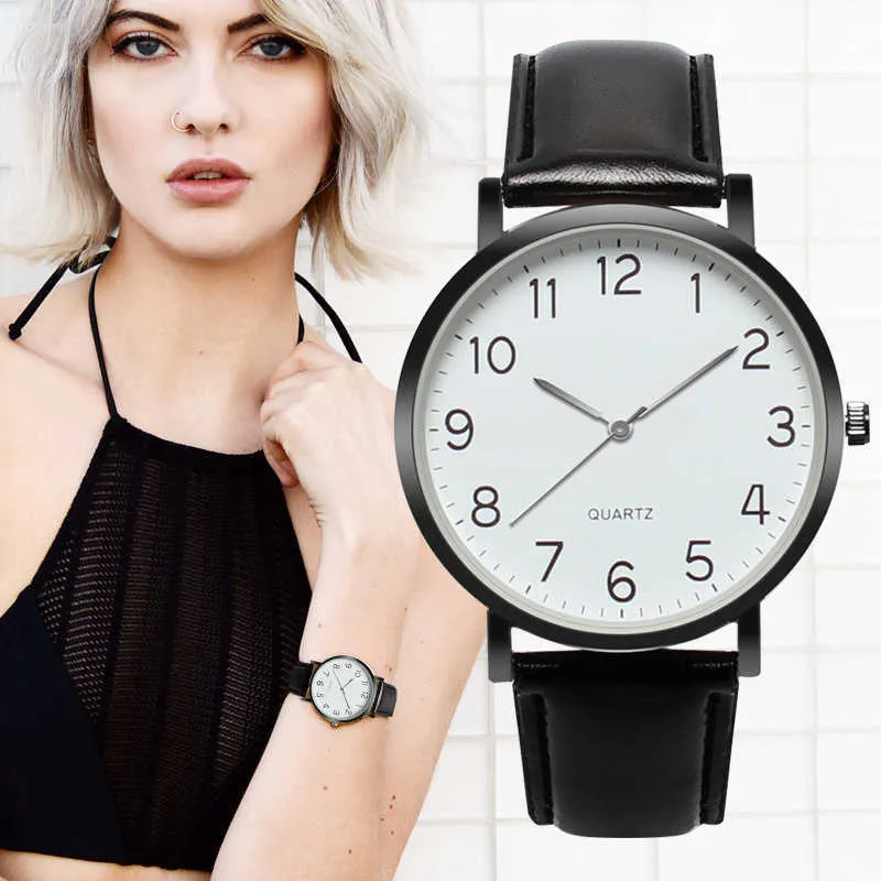 Montre-bracelet unisexe avec chiffres arabes pour femmes, cadran rond minimal, classique, bracelet en cuir noir, à la mode