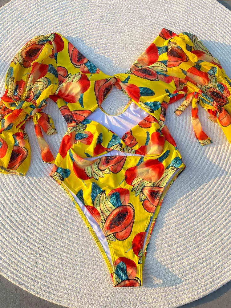 Miyouj Hollow Out One Piece Suits High Cut Swimsuit Women Print Monokini Bodysuit Sexy Beachwear Halter Bathers Bading Suit Y220423