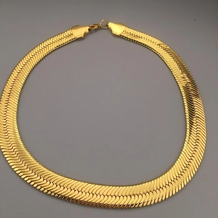 Цепочки из твердого желтого золота 18 карат с наполнителем, 10 мм, плоская цепочка в елочку, ожерелье для женщин, мужчин, цепи285m