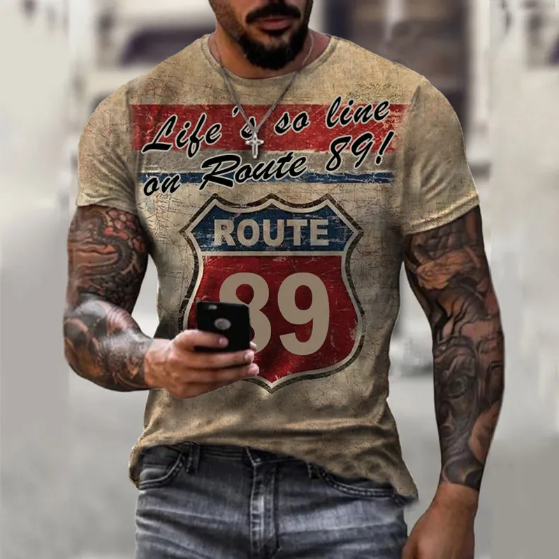 Été Hommes Rétro Tshirt US Route 66 Lettre Imprimer À Manches Courtes Surdimensionné Lâche Y2K Vêtements O Cou Top Streetwear 6XL 220610