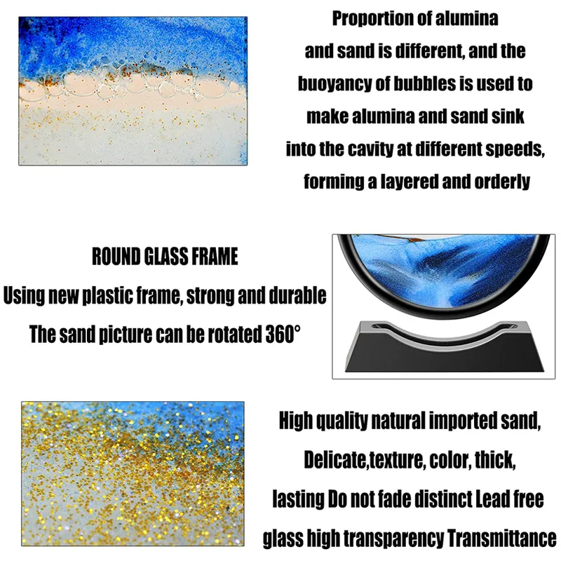 7/12 polegadas criativo 3d ampulheta movendo areia arte imagem moldura redonda paisagens em movimento oceano profundo mar para decoração 220426