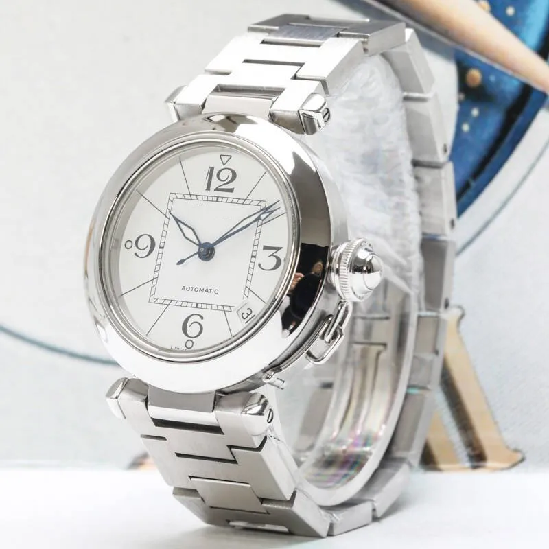 U1 Высший класс AAA 35 мм Pasha De W31089M7 Часы Белый циферблат Miyota Автоматический хронограф Мужские часы Секундомер из нержавеющей стали Brace279R