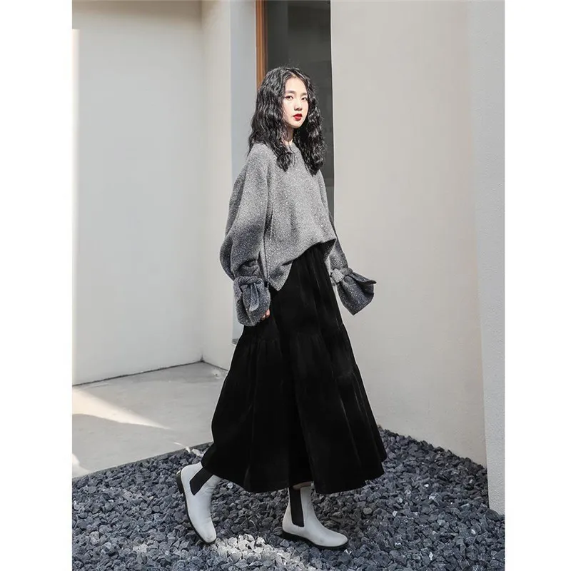 Aksamitna wysoka talia długi spódnica kobiety jesień zima koreański czarny plisowany w stylu vintage kobiet Midi Saia 220317