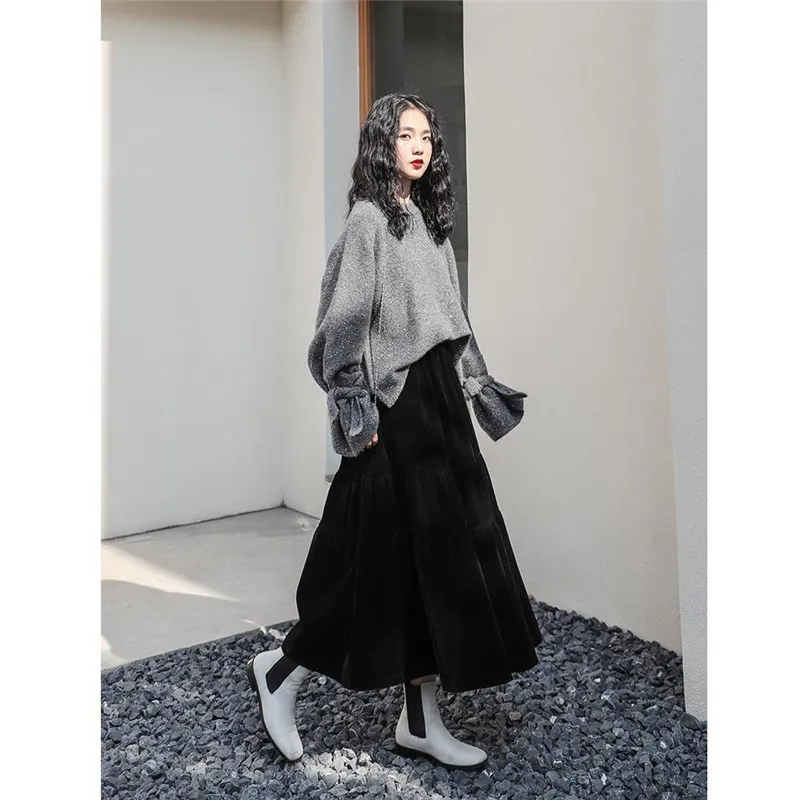 Velvet High Waist Long Skirt Women Autumn Winter Korean Black Pleated Vintage Style Female Midi Saia 220317