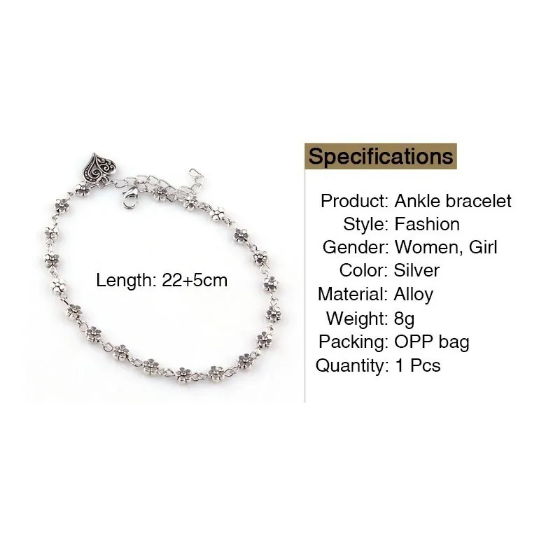 mode coeur prune fleur chaîne plage cheville Bracelet breloque été femmes rétro perle pied cheville bijoux