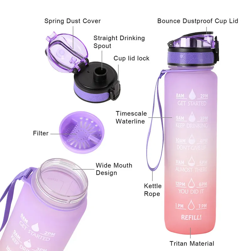 1L Tritan Material Water Bottle with Time Marker BPA Free Frosted Leakproof Portable Reusable Cup For Outdoor Sports Fitness 220307