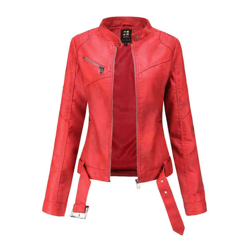 洗浄された革のジャケットの女性春秋のコートメスモーターサイクルモトバイカージッパージャケットレディースchaqueta mujer brown red l220801