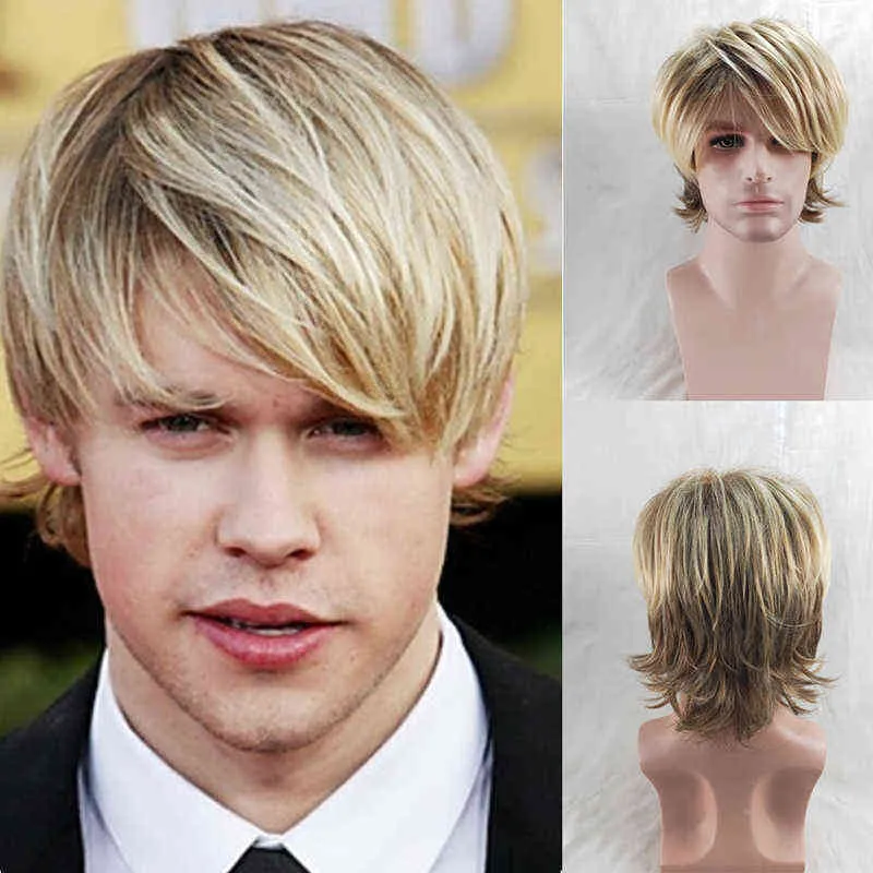 Hommes cheveux synthétique joie mâle court bouclés perruque résistant à la chaleur fibre avec frange brun blond mixte perruques pour homme 0527