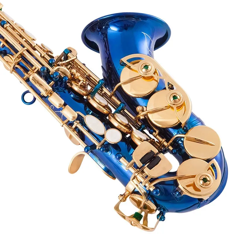 Novo Blue BB Professional Profissional Curved Soprano Saxofone Brass Gold Key Deep Gravado Padrão Profissional Tone Profissional SAX Instrumento