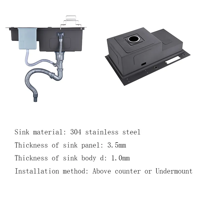 Évier de cuisine noir évier haut et bas avec porte-couteau bac à légumes avec planche à découper évier noir pia en acier inoxydable